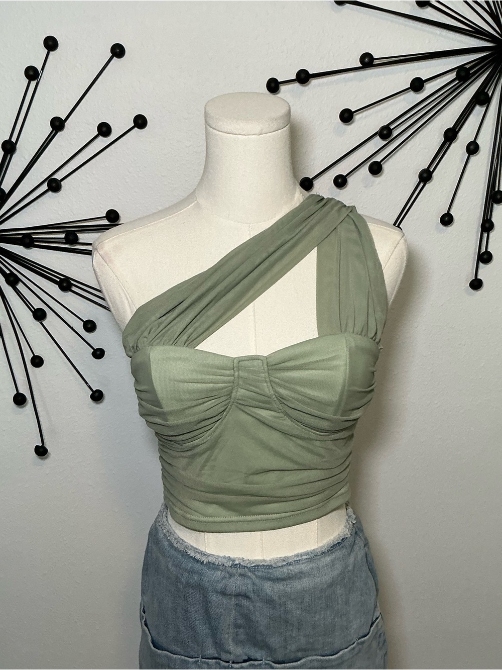 SHEIN Sage Green One Shoulder Ruched Crop Top Size Large
